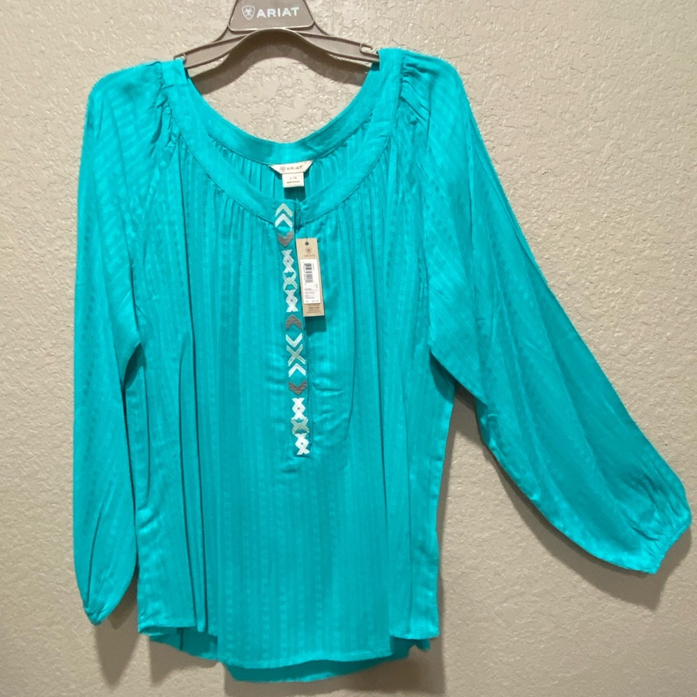 Ariat, Scooped neckline, Turquoise with embroidered design, size L